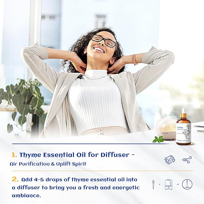 HIQILI 3.38 Fl Oz Thyme Essential Oil, 100% Pure Undiluted for Hair, Skin, Diffuser, Aromatherapy, Includes 10ML Travel Bottle - 100ML-Velvo Beauty