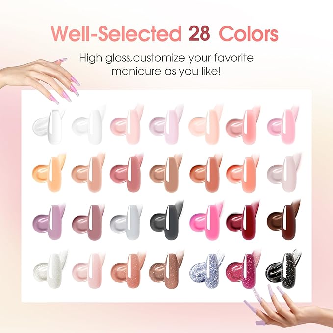 ROSALIND 28 Colors Poly Nail Gel Kit with Mini U V/LED Lamp White Nude Poly Nails Gel Kit Starter Kits With Slip Solution Pink Extensions Set for Nail Manicure Beginner-Velvo Beauty