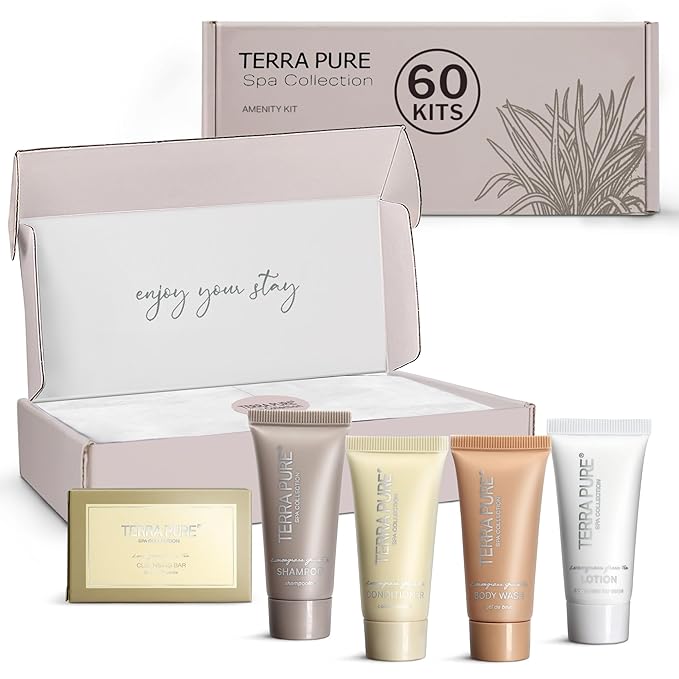 Terra Pure Spa Collection Amenity Kit | Hotel Toiletries | Bulk Set 0.85 oz Travel Size Shampoo,Conditioner, Lotion,Body Wash & Massage Bar for Guest Hospitality AirBnB/Vacation Rentals | 60 sets/case-Velvo Beauty