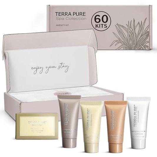 Terra Pure Spa Collection Amenity Kit | Hotel Toiletries | Bulk Set 0.85 oz Travel Size Shampoo,Conditioner, Lotion,Body Wash & Massage Bar for Guest Hospitality AirBnB/Vacation Rentals | 60 sets/case-Velvo Beauty