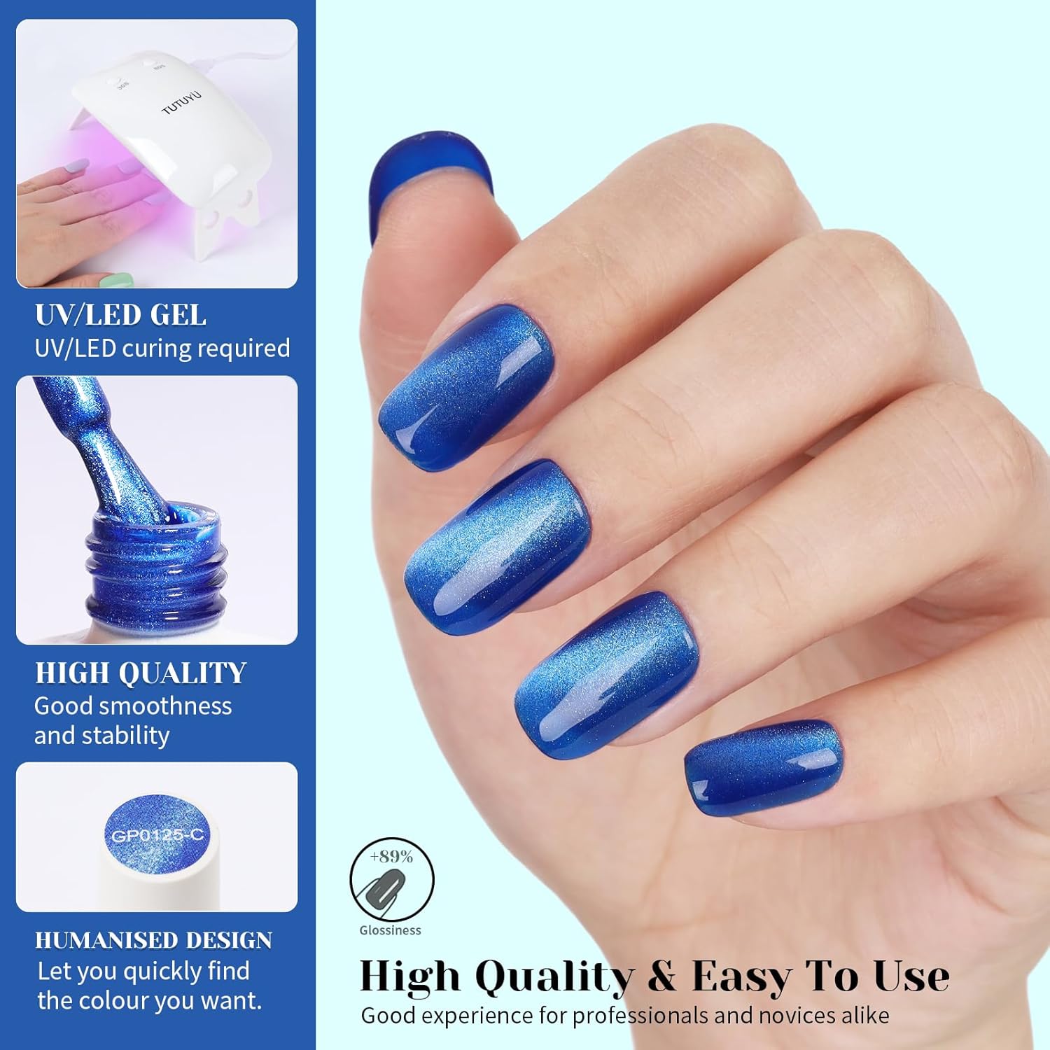 Blue Cat Eye Gel Nail Polish, LED UV Nail Lamp Needed Navy Blue Cateye Gel Polis Color for Summer Spring Winter, Perfect for DIY at Home & Ideal Gift for Nail Art Lovers!-Velvo Beauty