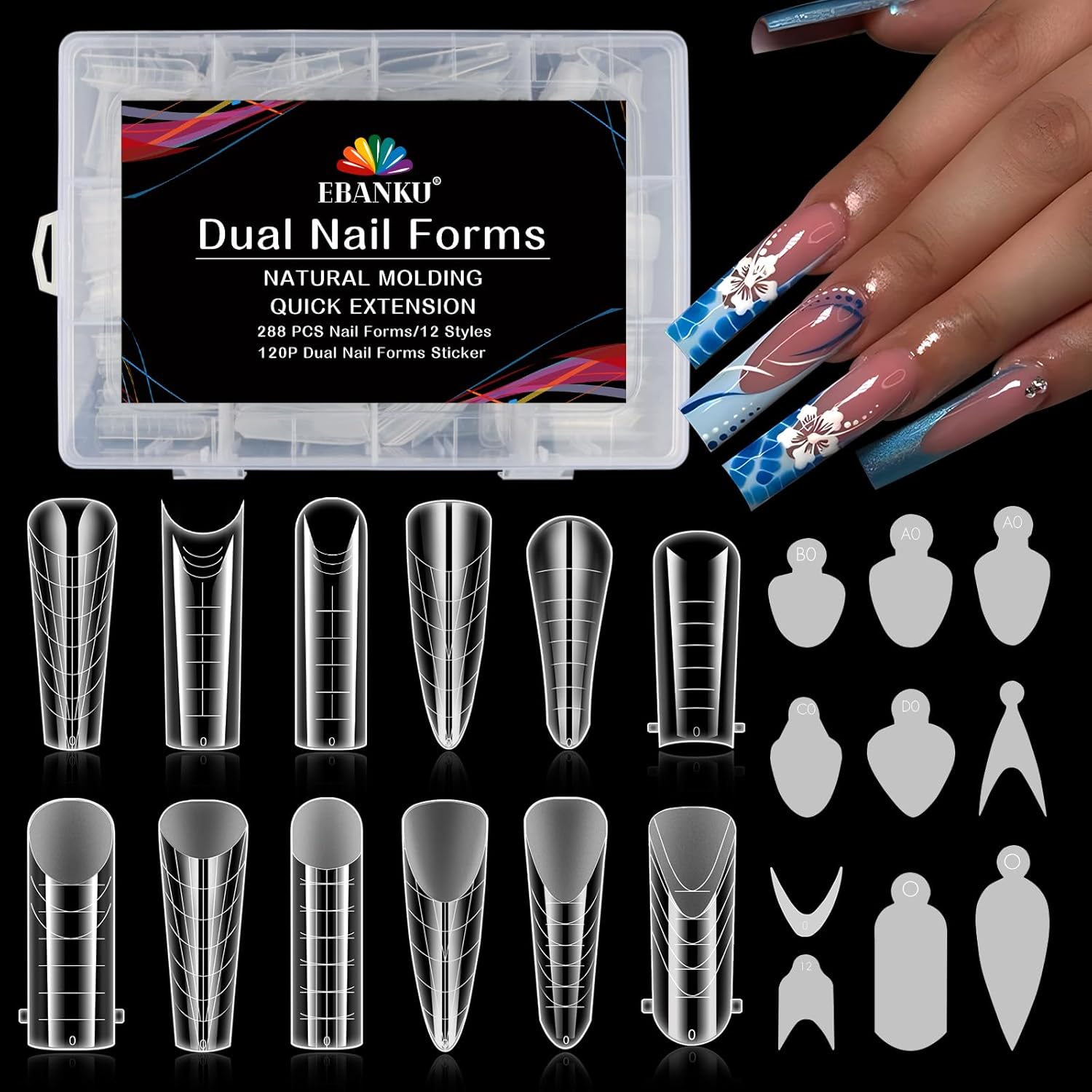 EBANKU 288PCS Nail Dual Forms for French Nails, Dual Nail Forms Molds Acrylic Nail Tips, Duet System Dual Forms Sticker Silicone Reusable Pads, 12 Styles 12 Sizes Scale for Manicure Extension, Clear-Velvo Beauty