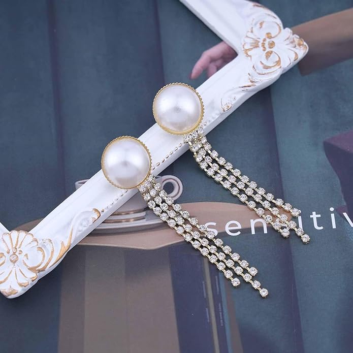 Vintage Crystal Pearl Drop Earrings Cz Bridal Crystal Earrings Long Rhinestone Tassel Earrings Gold Pearl Stud Earrings Jewelry for Women-Velvo Beauty