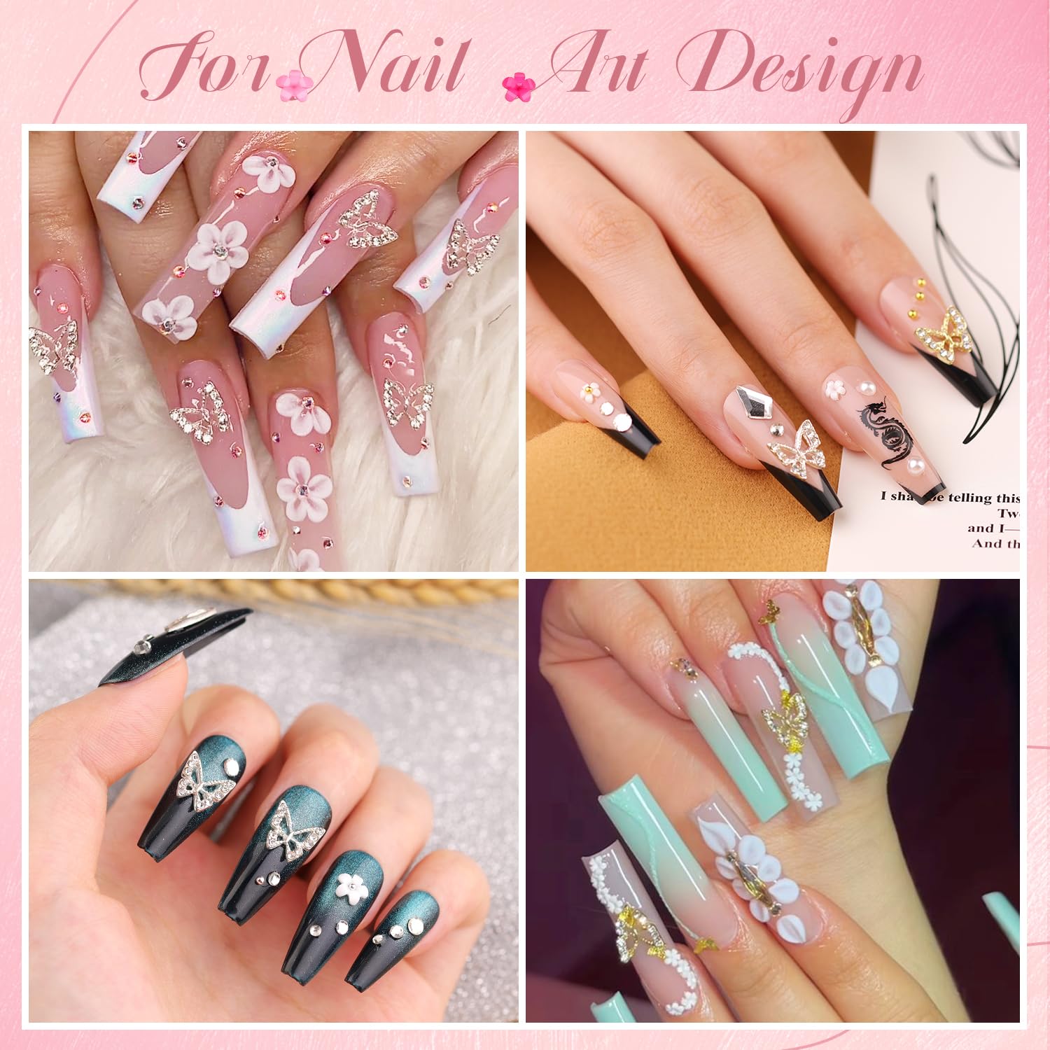 3D Nail Charms and Gems Set 11, 10PCS Gold and Silver Chunky Butterfly Nail Charms with Rhinestones, 3D Flowers for Nails, Flatback Crystals and Pearls + Picker Tool for Y2K Nail Decoration-Velvo Beauty