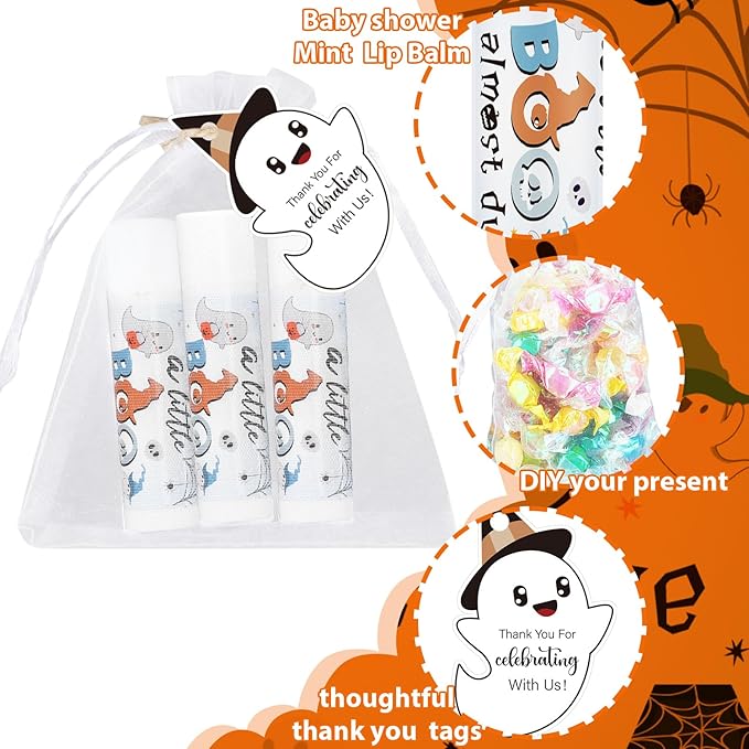 Demissle 50 Pcs Baby Shower Lip Balm Gift Set with 100 Pcs Organza Bags Baby Shower Party Favor for Guest Thank You Tag Rope Baby Shower Party Decoration Gender Reveal Souvenirs (Ghost)-Velvo Beauty