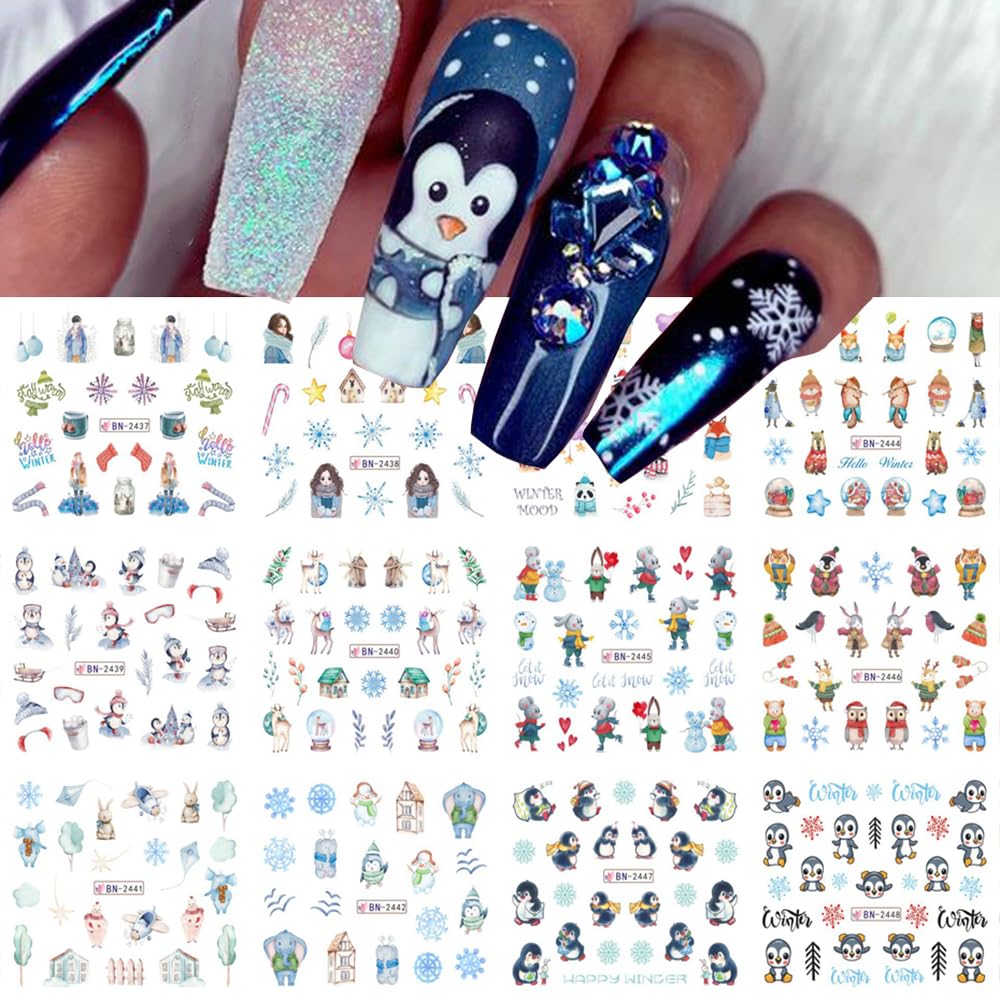 Snowflake Nail Art Stickers Decals Christmas Decorations - 12 Sheets Winter Snowman Elk Penguin Bear Design Water Transfer Slider Foils Supplies for Women DIY Acrylic-Velvo Beauty
