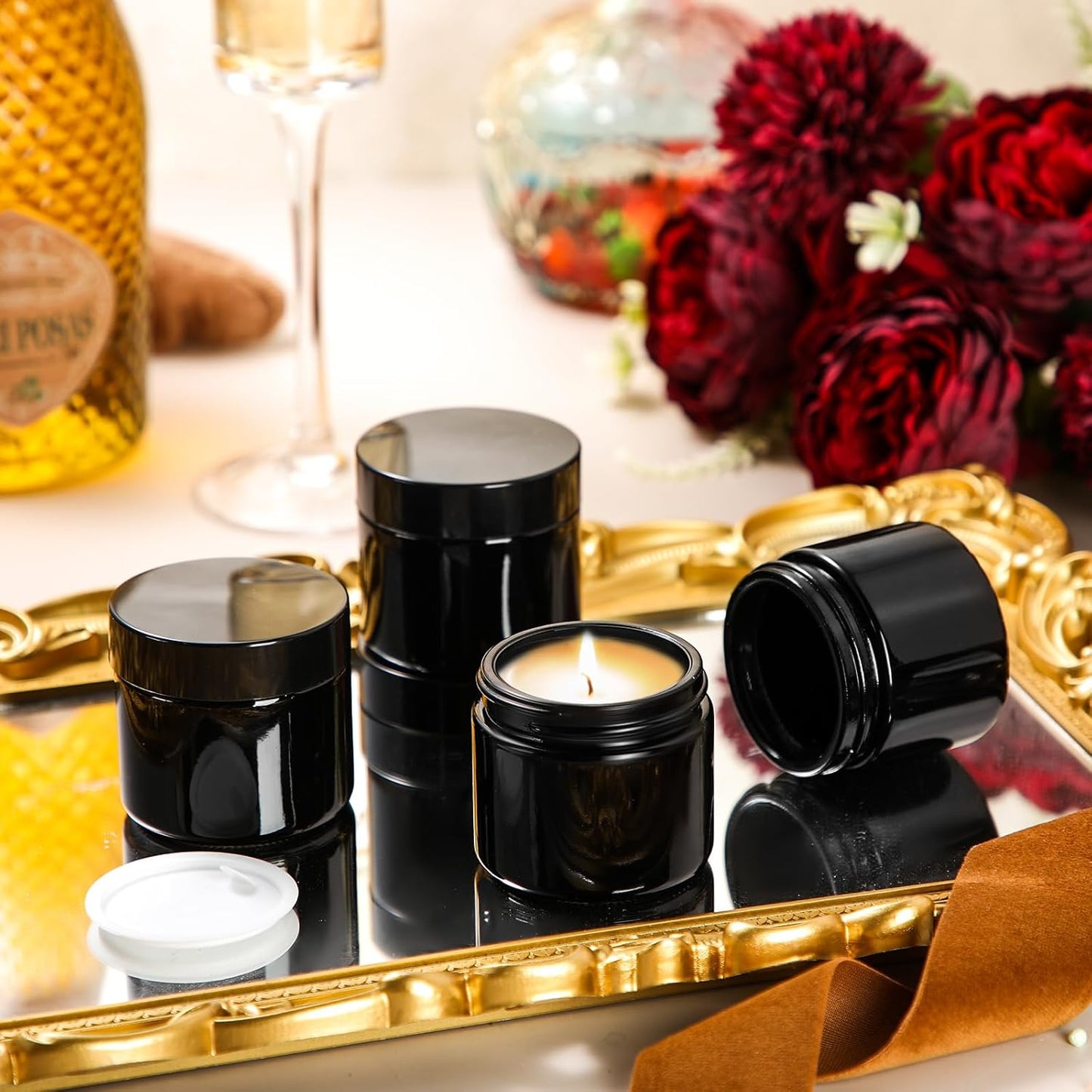 Domensi 32 Pcs 2 oz Glass Jars with Lids Travel Size Round Leakproof Empty Cosmetic Jars with Inner Liners Lid for Storing Makeup Lotions Face Cream Ointments Candle DIY Making (Black)-Velvo Beauty