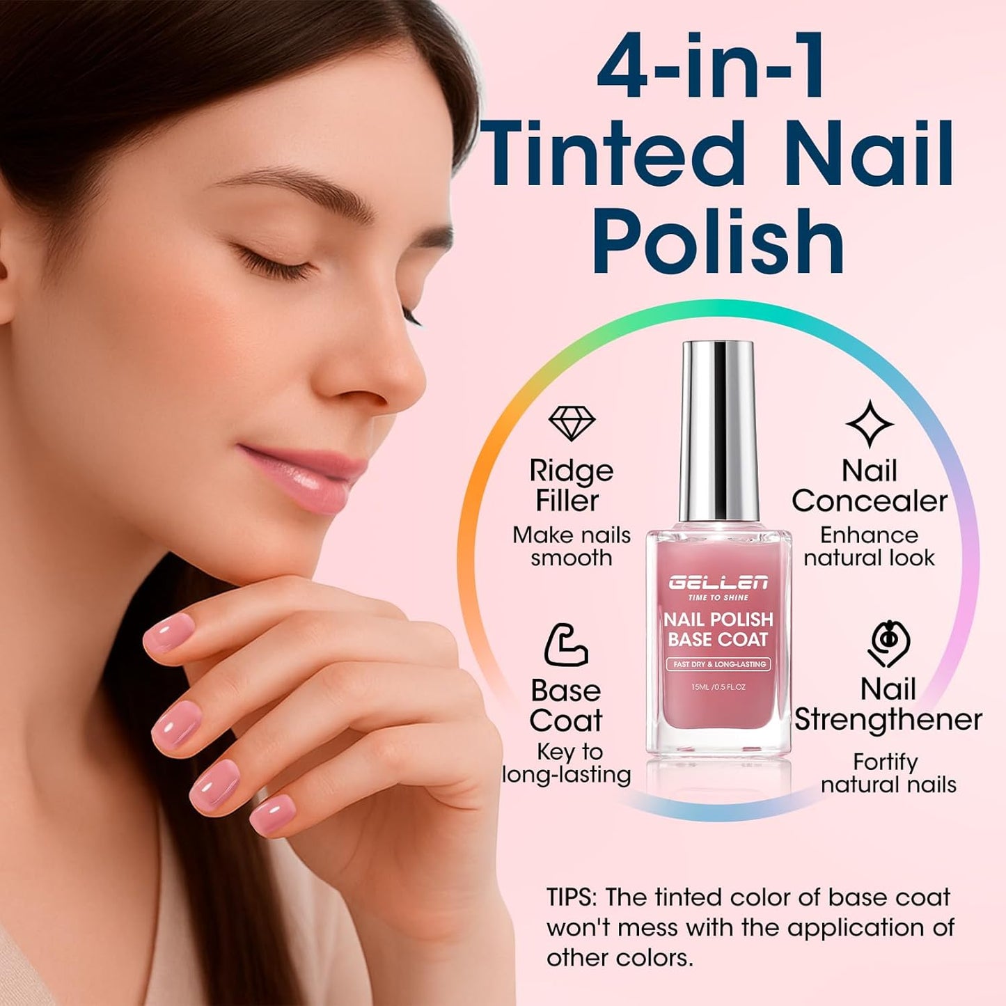 GELLEN 4-In-1 Clear Nail Polish Base Coat Dusty Pink Tint, Sheer Rose Ridge Filler For Nails, Nail Strengthener Concealer, Calcium Formula Smoothes Strengthens Nails, Enhances Natural Look, HEMA Free-Velvo Beauty