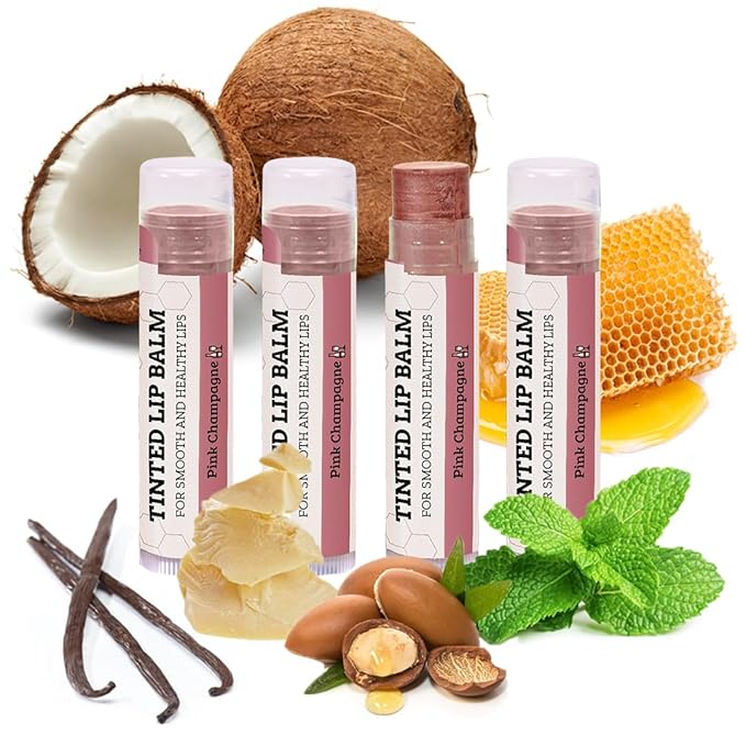 Tinted Lip Balm by Earth’s Daughter – 4 Pack of Pink Champagne Color – Beeswax, Coconut Oil, Cocoa Butter, Vitamin E – Moisturize and Beautify – Paraben Free-Velvo Beauty