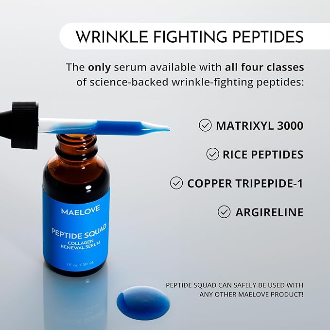MAELOVE Peptide Squad Collagen Renewal Serum with Copper Peptides, Argireline, Matrixyl 3000 + Hyaluronic Acid and Niacinamide for Wrinkles, Fine Lines, and Skin Elasticity-Velvo Beauty