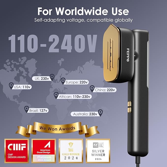 FEPPO Travel Steamer for Clothes, 110-240V Dual Voltage Portable Mini Steamer & Iron 2in1, 1100W Powerful Garment Steamer, Fast Heat Up, Travel Size, HD Display, for Home & Global & Europe Travel-Velvo Beauty