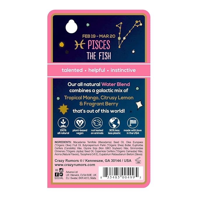 Crazy Rumors Pisces Zodiac All Natural, Plant Based Lip Balm to Moisturize and Nourish your Lips - Water Blend (Tropical Mango, Citrus Lemon, and Fragrant Berry)-Velvo Beauty
