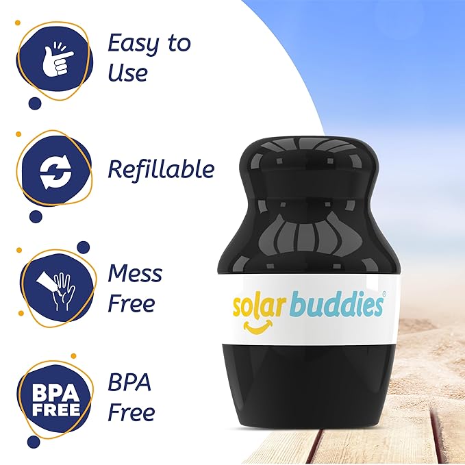 Solar Buddies Sunscreen Applicator - Single Black - Refillable Roll on Sponge Sunscreen, Suncream & Lotion Applicator For Kids, Adults & Families - Holds 3.4fl oz, Perfect Size for Travel-Velvo Beauty