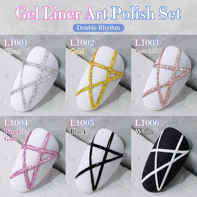 Double Rhythm 6 Pcs 15 ML Gel Liner Polish Nail Art Set Chrome Metallic Glitter Soak Off Gel Polish Kit Nail Art Manicure Salon DIY at Home for Women (Gold Silver Black White-T6-52)-Velvo Beauty