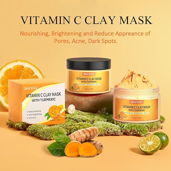 Vitamin C Face Mask with Kaolin Clay and Turmeric for Dark Spots, Dull Skin, Skincare Facial Mask for Controlling Oil and Refining Pores 5.29 Oz-Velvo Beauty