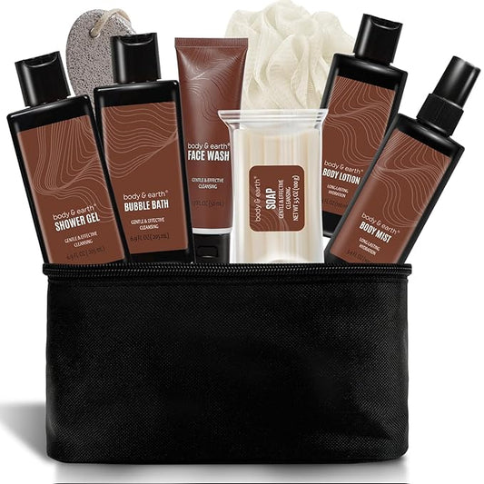 Bath and Body Gift Baskets for Men Body & Earth Sandalwood Mens Bath Set with Body Lotion, Face Wash, Shower Gel, Bubble Bath, Loofah & More, Gift Set for Men,regalos para hombre,Christmas Gifts-Velvo Beauty