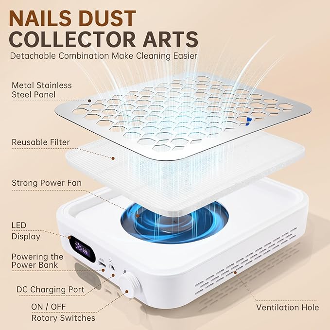 Nail Dust Collector, Rechargeable Dust Collector Nail Tech, Powerful Vacuum Fan Vent Dust Collector Extractor Dust Suction Machine for Acrylic Nails Polishing, Nail Salon&Home-Velvo Beauty