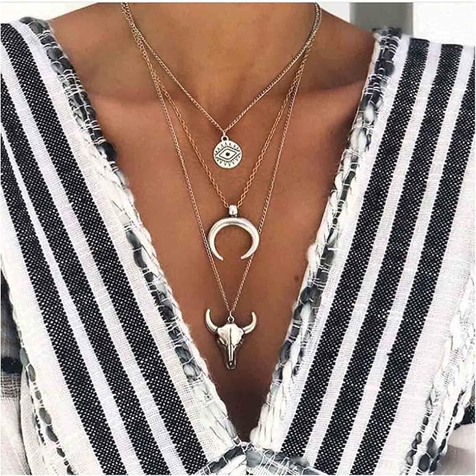 Boho Layered Moon Necklace Silver Compass Disc Pendant Necklace Chain Cow Evil Eye Charm Necklace Jewelry for Women-Velvo Beauty