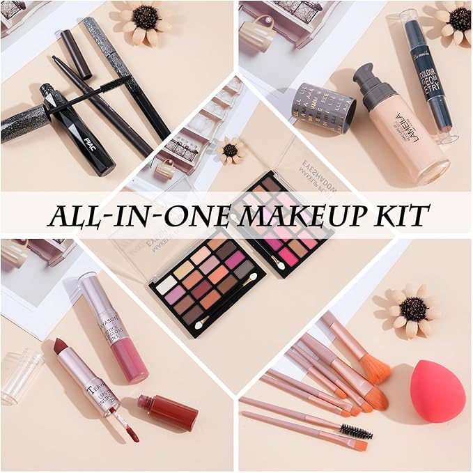 All in One Makeup Kit for Women Full Kit, Includes Eyeshadow,Foundation,Eyeliner,Mascara,Eyebrow pencil,Contour Stick, Makeup Brush, Makeup Sponge, Make Up Gift Set for Women, Teens-Velvo Beauty