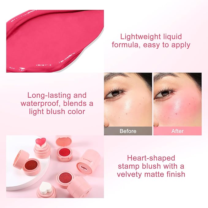 Boobeen Liquid Blush for Cheeks, Buildable & Blendable Face Blusher, Cheek Stamp Blush with Heart-shaped Applicator, Lightweight Air Cushion Blush for Velvet Matte Finish-Velvo Beauty