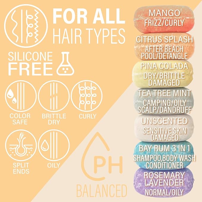 Citrus Splash Shampoo Bars for all Hair Types is Vegan, Sulfate Free and Made in the USA. This beach shampoo bar has a swim detangler and is great as a travel shampoo. Get up to 60 washes.-Velvo Beauty
