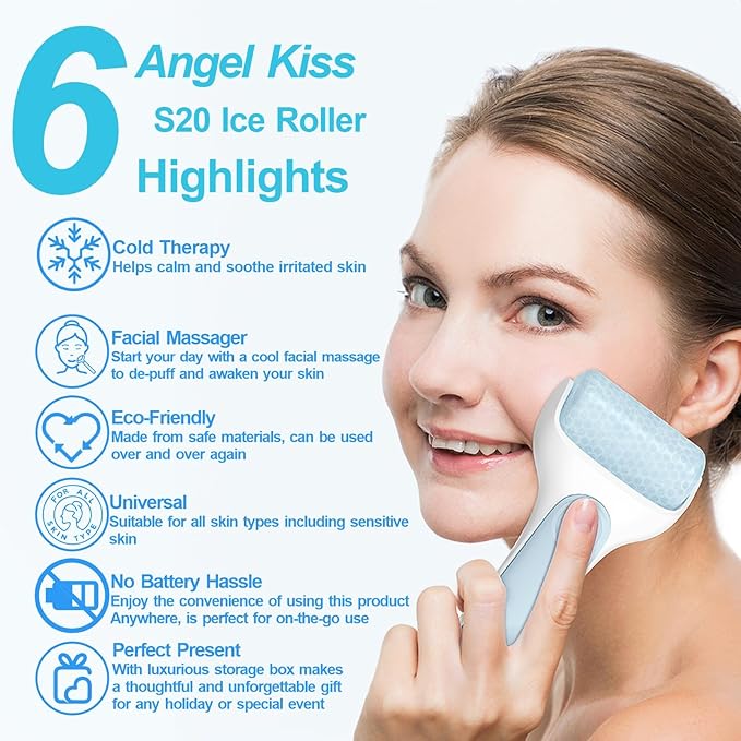 Angel Kiss Ice Roller for Face Eye, Women Gift Idea, Cold Therapy Massager for Reduce Puffiness, Redness, Dark Circles, Tightening Firming, Reduce Wrinkles, Migraine Pain Relief, w/Premium Carry Case-Velvo Beauty
