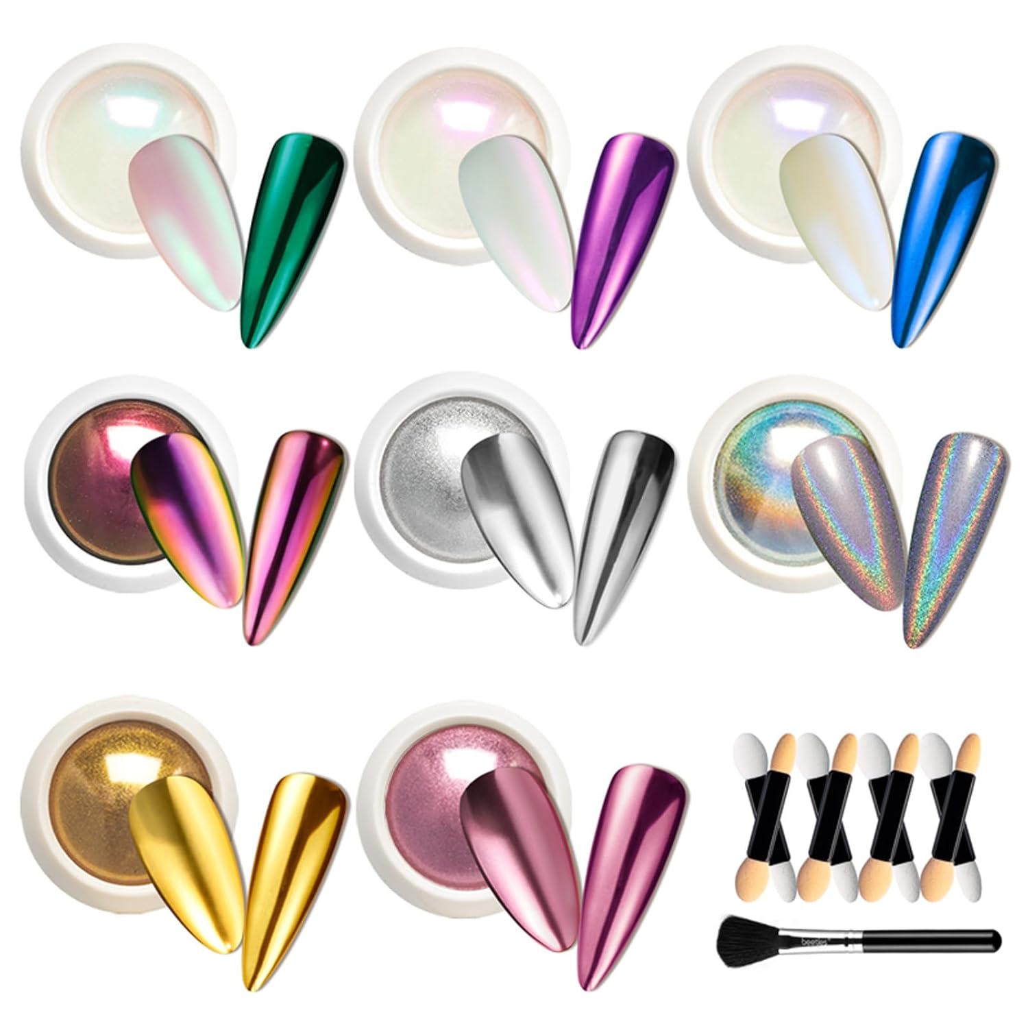 Beetles Chrome Nail Powder 8 Colors Mirror Effect Aurora Iridescent Pearlescent Holographic Manicure Nail Art Decoration Glitter, 1g or 0.5g/Jar for Women-Velvo Beauty