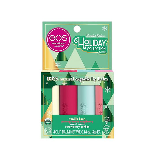 EOS Limited Edition Holiday Lip Balm Variety Pack, 100% Natural & Organic, All-Day Moisture, Made for Sensitive Skin, 0.14 oz, 4-Pack, Clear-Velvo Beauty