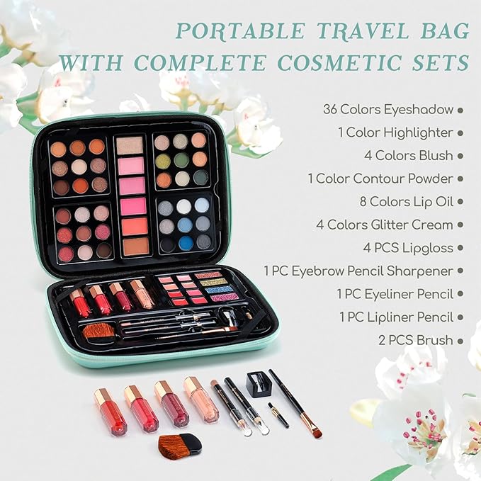 Color Nymph Beginner Makeup Kits Gift for Teens, Makeup Palettes with Reusable Handbag Includes 36 Colors Eyeshadow Blushes Bronzer Highlighter 4 Colors Lipgloss, Lip Oil Brushes Mint Green-Velvo Beauty
