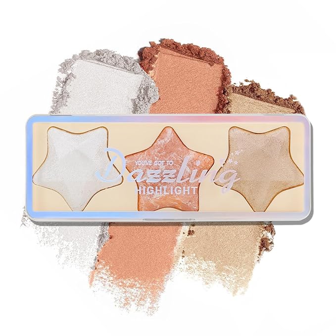 Boobeen 3 Colors Baked Shimmer Highlight & Blush Palette, Powder Palette Facial Bronzers Illuminator Makeup Palette, Lightweight Highlighter Blusher Contour for Cheeks, Lasting Natural Glowing-Velvo Beauty