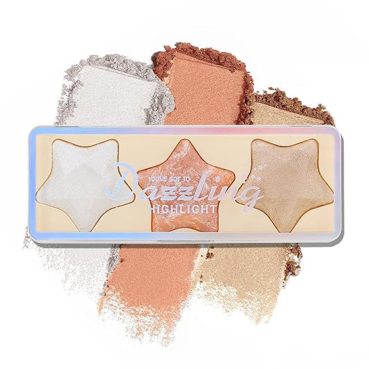 Boobeen 3 Colors Baked Shimmer Highlight & Blush Palette, Powder Palette Facial Bronzers Illuminator Makeup Palette, Lightweight Highlighter Blusher Contour for Cheeks, Lasting Natural Glowing-Velvo Beauty