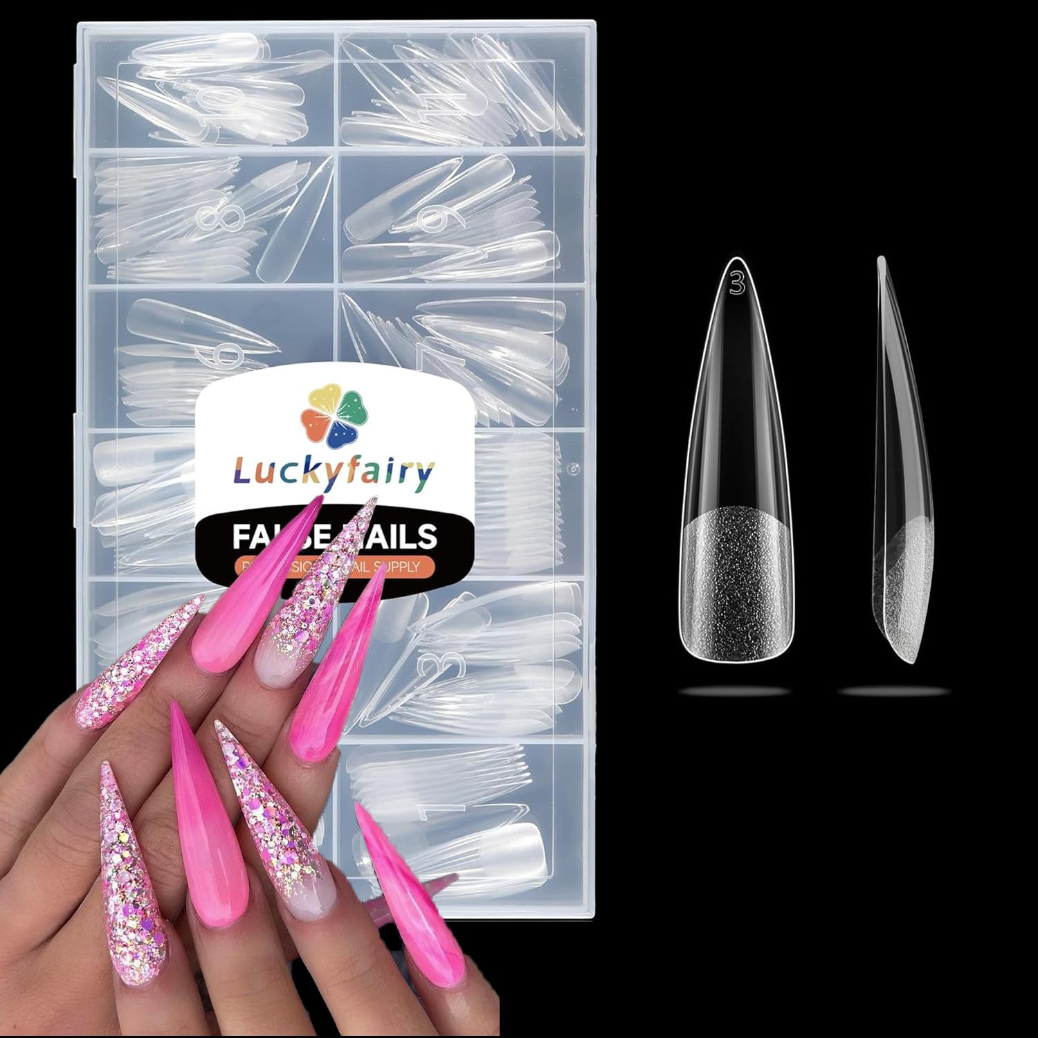 Stiletto Nail Tips Extra Long 240Pcs Pre-shaped Full Cover Fake Nail Tips No Filed Soft Gel Stiletto Acrylic Nails for Soak Off Nail Extension Nail Art DIY 12Sizes-Velvo Beauty