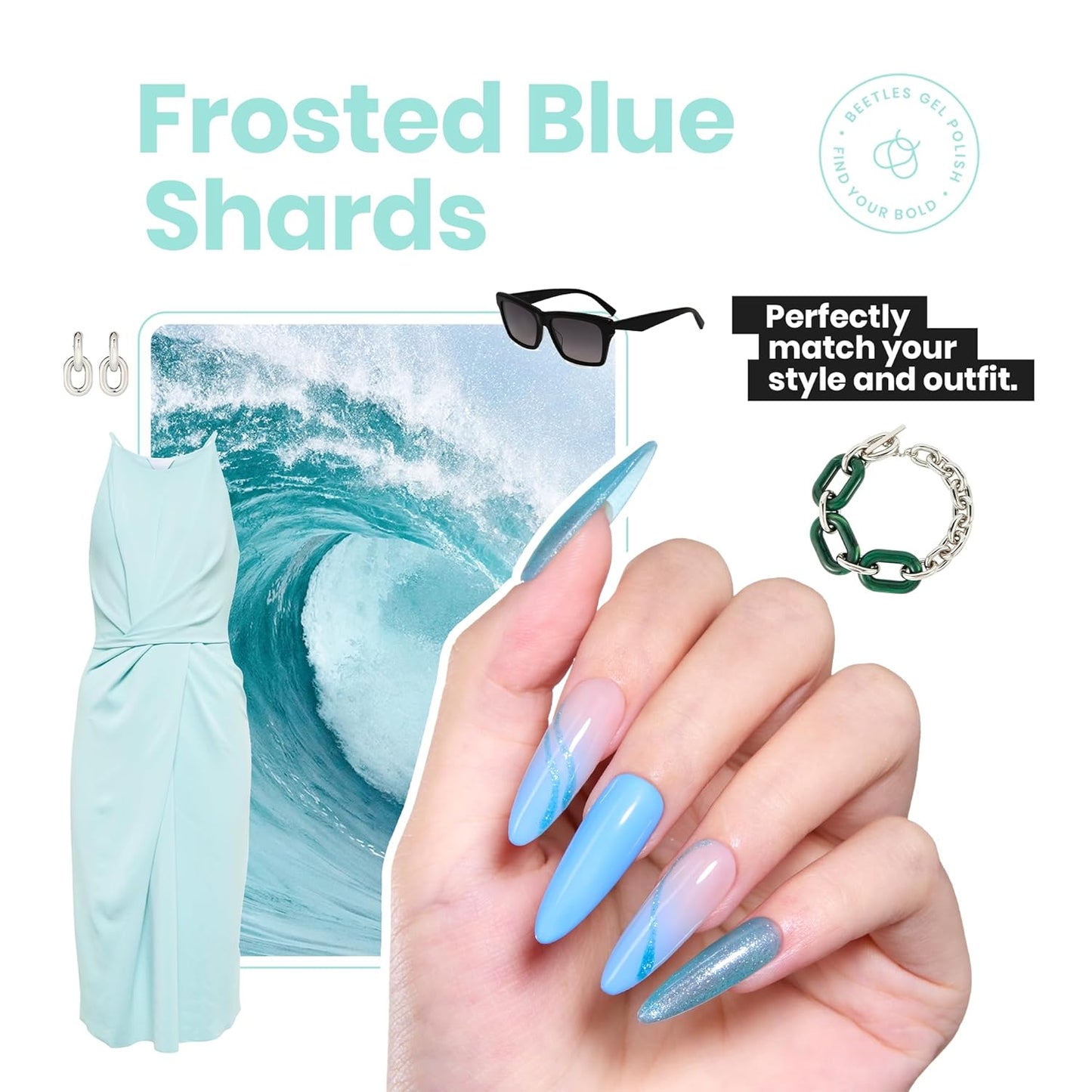 Beetles Blue Glitter Nail Polish - 1Pcs 15ml Fast Drying & Long Lasting Sparkly Nail Polish Frosted Light Blue Shards Nail Lacquer Finish Nail Art Design for Women-Velvo Beauty