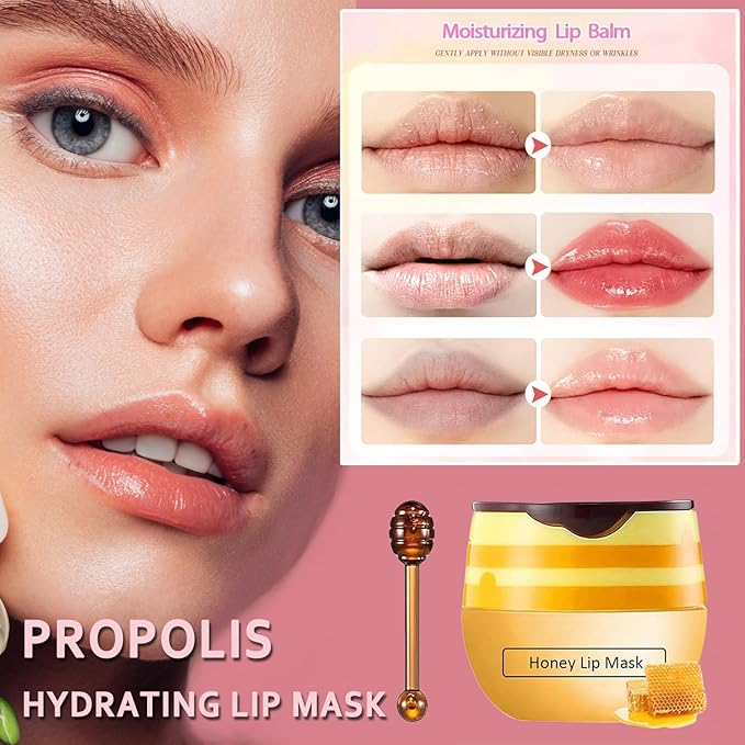 4 PCS Bee Lip Balm Honey Pot,Strawberry&Watermelon&Honey&Apple Lime Lip Mask Overnight Hydrating Prevention Dry and Cracked Lip Scrubs Exfoliator Lip Care, Lip Sleeping Mask Reduces Lip Lines-Velvo Beauty