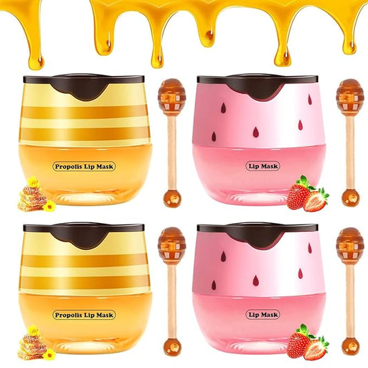Bee Lip Balm Honey Pot, Strawberry & Honey Moisturizing Propolis Lip Mask, Hydrating & Prevention Dry and Cracked Lip Scrubs Exfoliator, Reduces Lip Lines (2Pcs Pink + 2Pcs Yellow)-Velvo Beauty