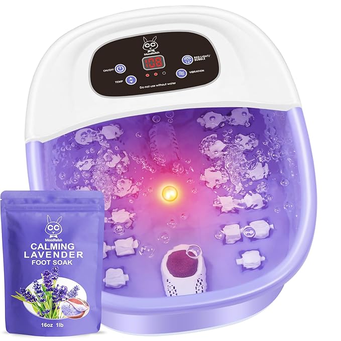 Foot Spa Bath Massager with Heat Bubbles and Vibration Massage and Jets, 16 OZ Calming Lavender Foot Soak Epsom Salt, MoodRelish Foot Soaker With Red Light, 22 Massage Rollers, Adjustable Temp -Purple-Velvo Beauty