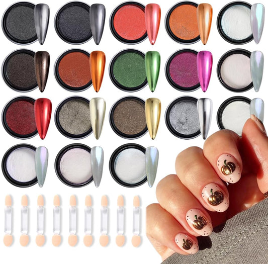 Chrome Nail Glitter Powder Set, 18 Colors Silver Black Red Green Metallic Effect Mirror Powder for Nails with Brushes, Pearl White Chrome Powder for Nails, Glazed Donut Nail Art, Manicure Supplies-Velvo Beauty