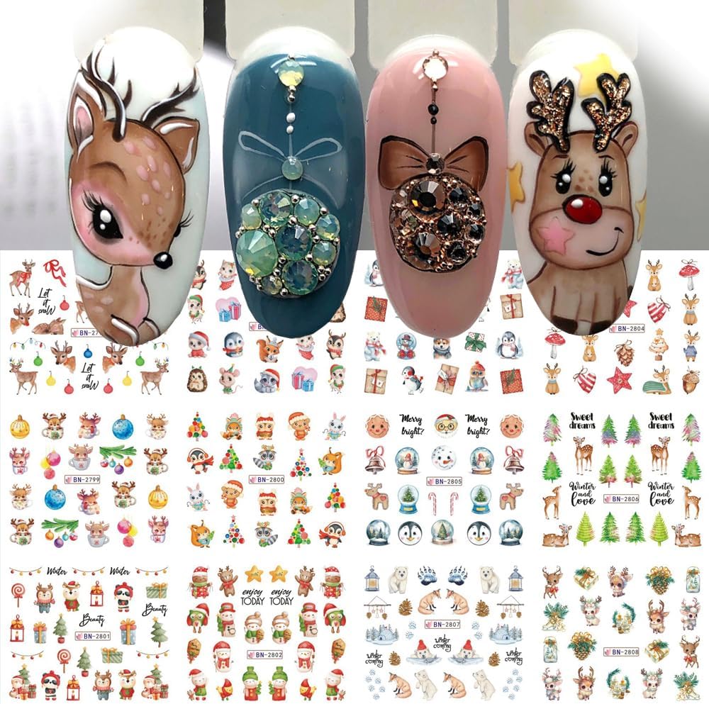 Christmas Nail Art Stickers Decals Snowflake Water Transfer Slider Nail Foils for Christmas Nail Art Supplies Cartoon Santa Claus Elk Gift Polar Bear Winter Design DIY Manicure Tips Stickers for Nails-Velvo Beauty