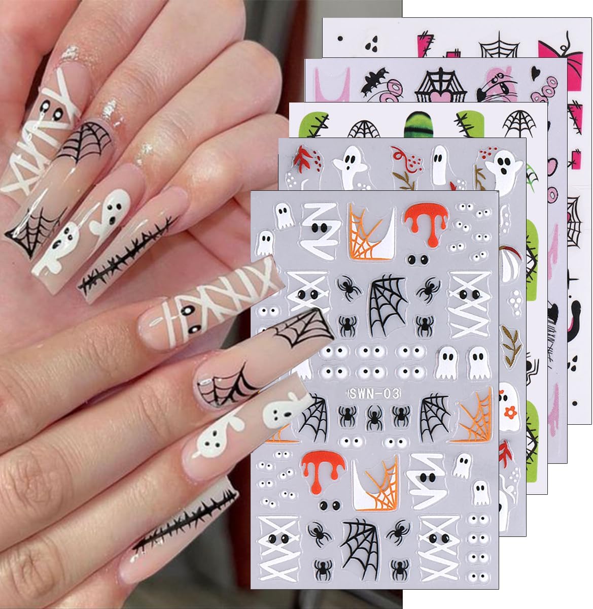 6Sheets Halloween Nail Stickers - Cute Ghost Nail Decals, 3D Self-Adhesive Pink Pumpkin Spider Web Mummy Ghost Nail Art Design Stickers for Women-Velvo Beauty