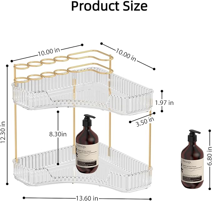 Makeup Organizer Countertop 2 Tier, Corner Bathroom Countertop Organizer with Toothbrush and Makeup Brush Holder, Corner Vanity Tray for Skincare Organization-Velvo Beauty