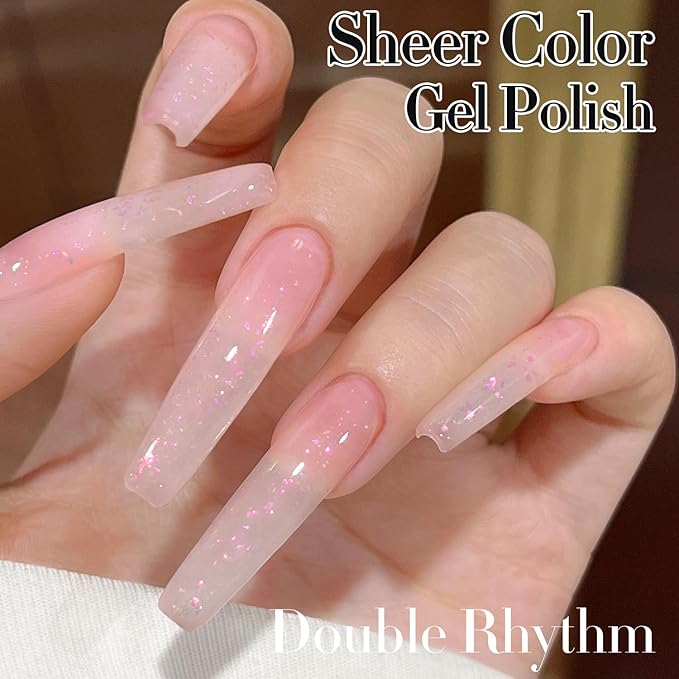 Double Rhythm Gel Polish Translucent Sheer Neutral Natural Light Milky Same Color Same Bottle 15ML Jelly Polish Art DIY at Home (Milky Pink Glitter-A1379)-Velvo Beauty