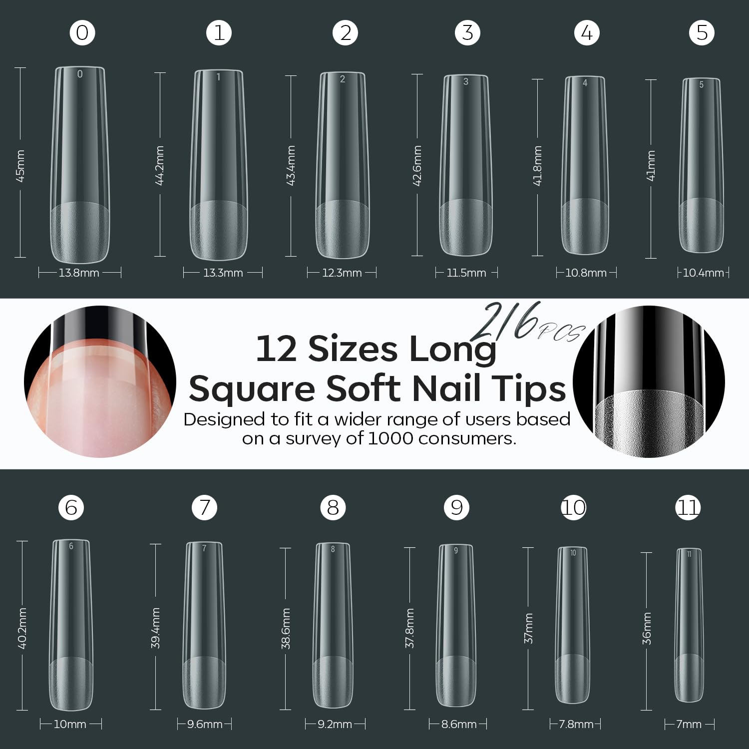 modelones XXL Long Square Nail Tips, Pre-shaped Soft Gel Tips Fake Nails False Acrylic Clear Full Cover Press on Extension Kit Gel Manicure DIY at Home 216PCS 12Sizes-Velvo Beauty