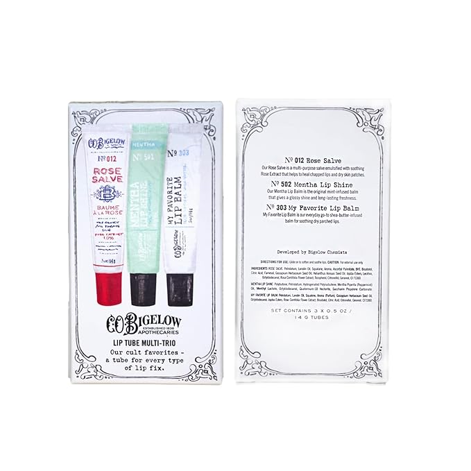 C.O. Bigelow Lip Balm Tube Trio, Variety Pack includes Rose Salve, My Favorite Lip Balm, Mentha Lip Shine, Moisturizing Lip Balms, 3 Pack, 0.5 oz Each-Velvo Beauty