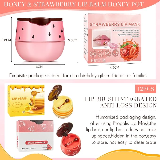 12 Pcs Bee Lip Balm Honey Pot with Brush Propolis Lip Mask Overnight, Moisturizing Hydrating Lip Sleeping Mask Prevention Dry and Cracked(Honey+Strawberry+Watermelon)-Velvo Beauty