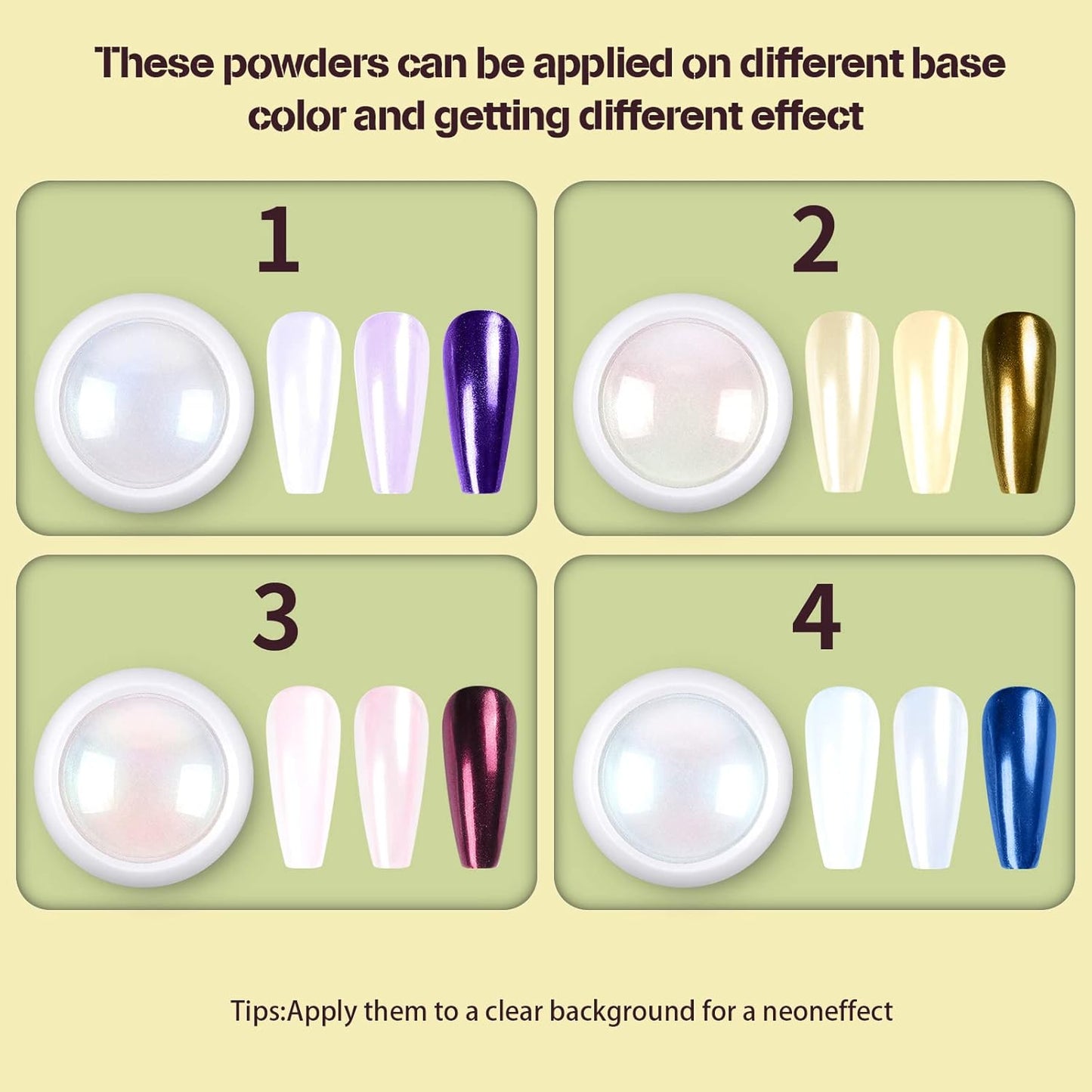 Artdone 4 Jars Chrome Nail Powder Metallic Mirror Effect Pigment Chrome Iridescent Aurora Nail Glitter Mermaid White Pearl Glitter Dust Kit for Gel Polish Nail Art Decoration, Resin Craft-Velvo Beauty