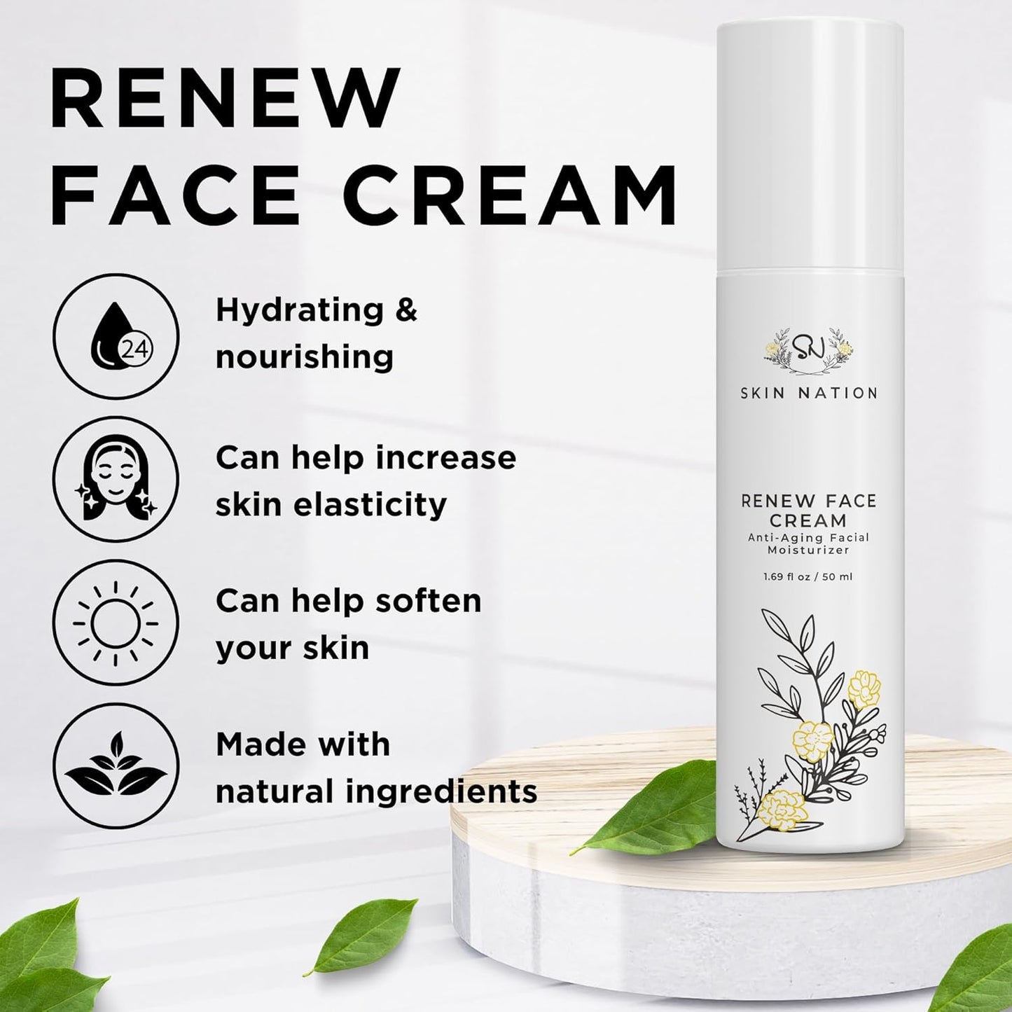 Skin Nation Renew Face Cream, Hydrating Moisturizer with Peptides, Hyaluronic Acid & Green Tea, Lightweight Plant-Based Cream for Smooth, Radiant Skin, 1.69 fl oz-Velvo Beauty