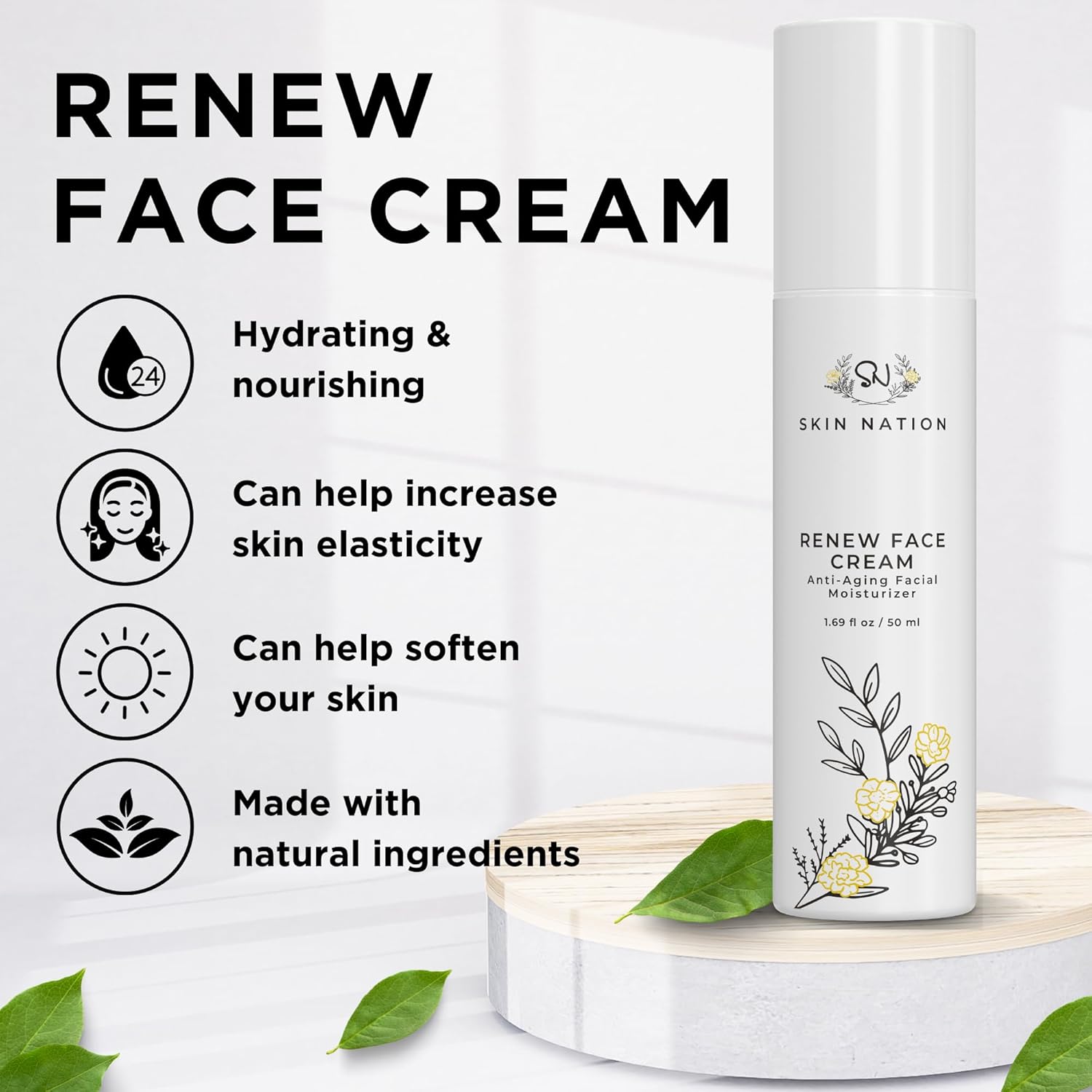 Skin Nation Renew Face Cream, Hydrating Moisturizer with Peptides, Hyaluronic Acid & Green Tea, Lightweight Plant-Based Cream for Smooth, Radiant Skin, 1.69 fl oz-Velvo Beauty