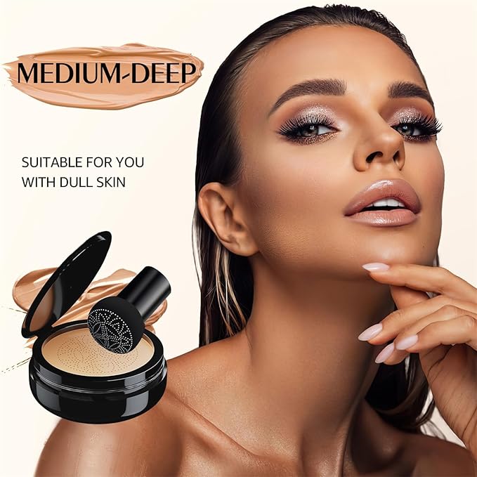 Mushroom Head Air Cushion CC Cream - BB Cream Face Makeup Foundation for Mature Skin Moisturizing Concealer Brighten Long-Lasting, Even Skin Tone for All Skin Types, Medium Deep-Velvo Beauty