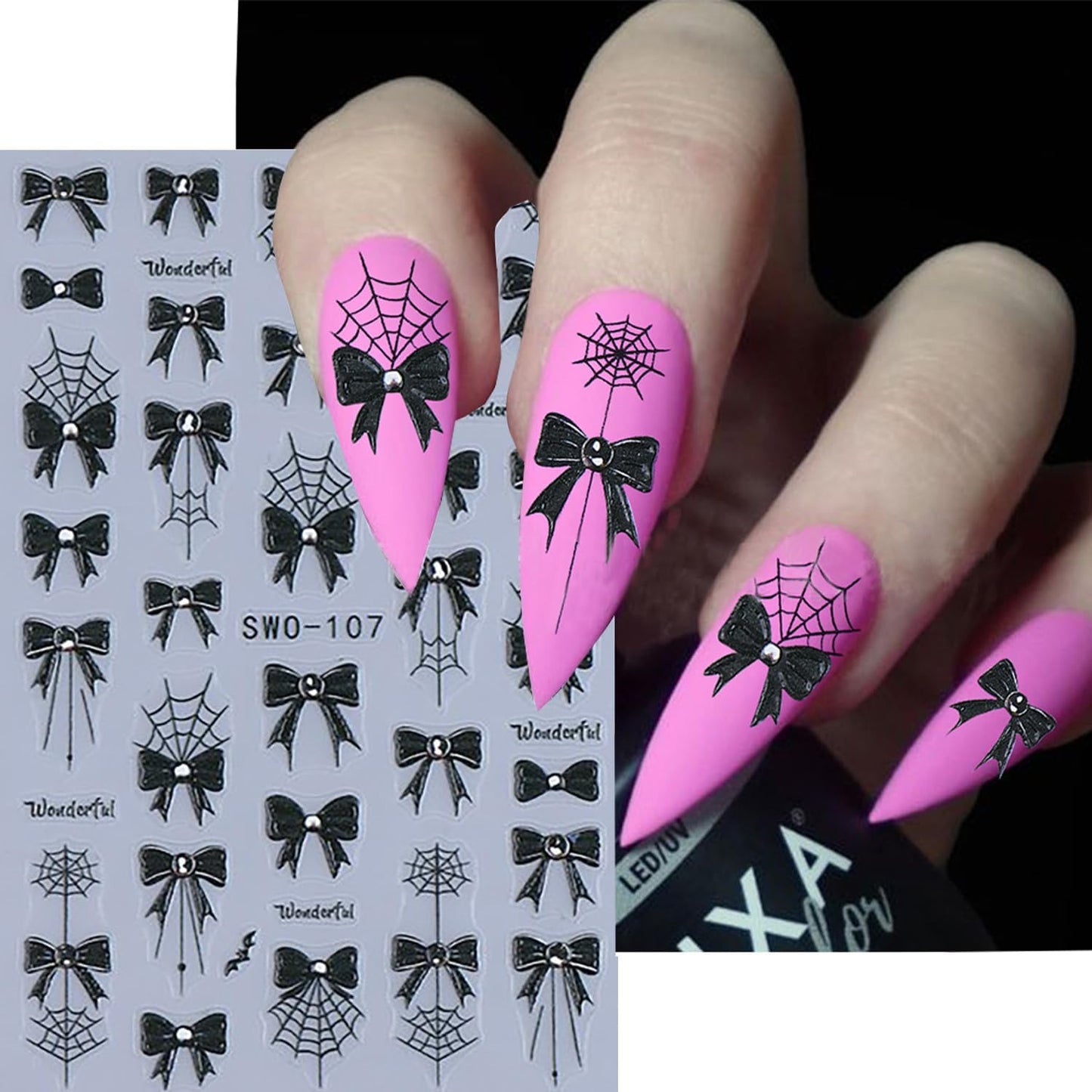 6 Sheets Halloween Nail Art Stickers 3D Self -Adhesive Black Bow Spider Web Nail Decals Holographic Bat Blood Drops Nail Stickers Halloween Nail Decoration for Women Manicure Supplies-Velvo Beauty