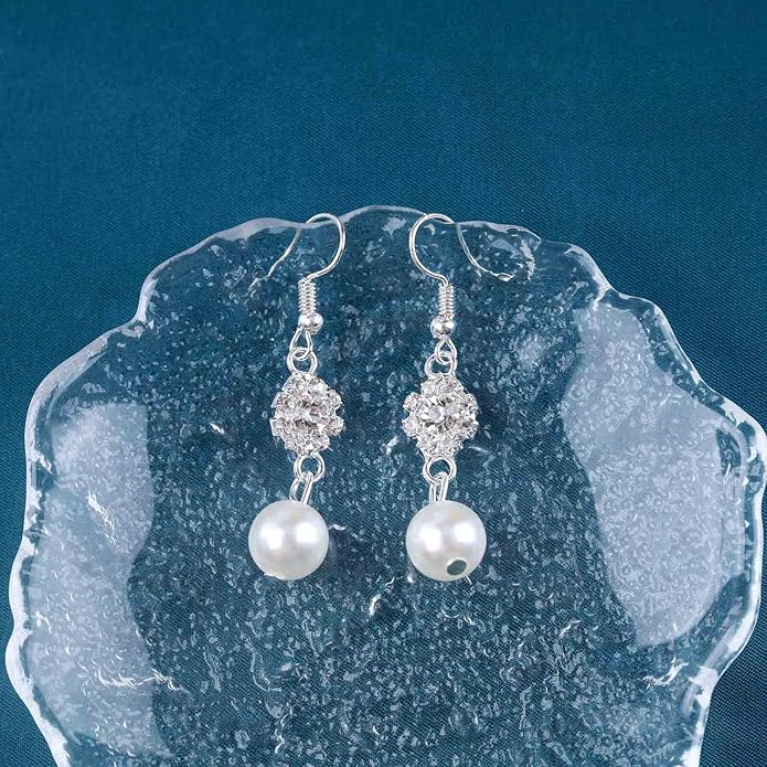 Vintage Rhinestone Pearl Drop Earrings Crystal Flower Dangle Earrings Silver Pearl Earring Cz Flower Hook Earrings Jewelry for Women-Velvo Beauty